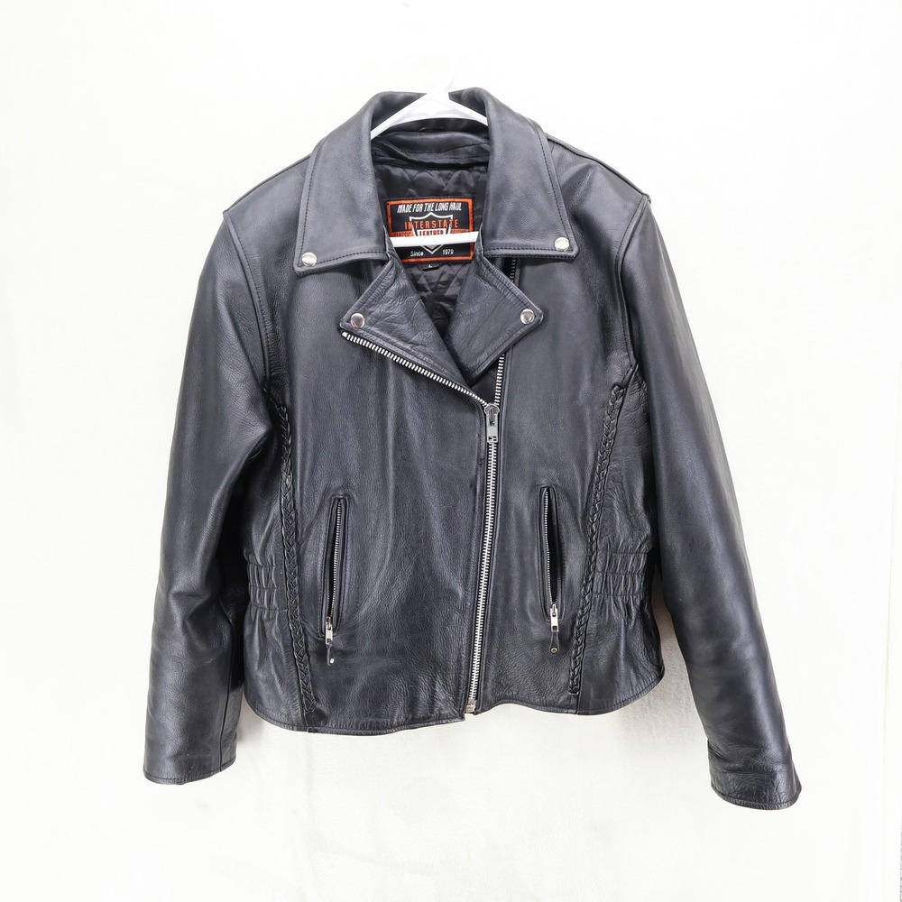 Interstate Leather Black Braided Asymmetrical Biker Moto Jacket Womens Large